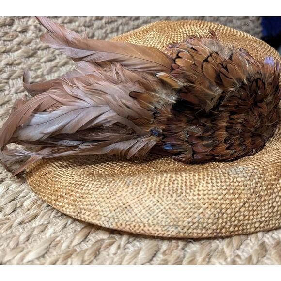 Women\'s Vintage Miss Bierner Straw Fedora Hat Brown Pheasant Feathers NWT! main image 5